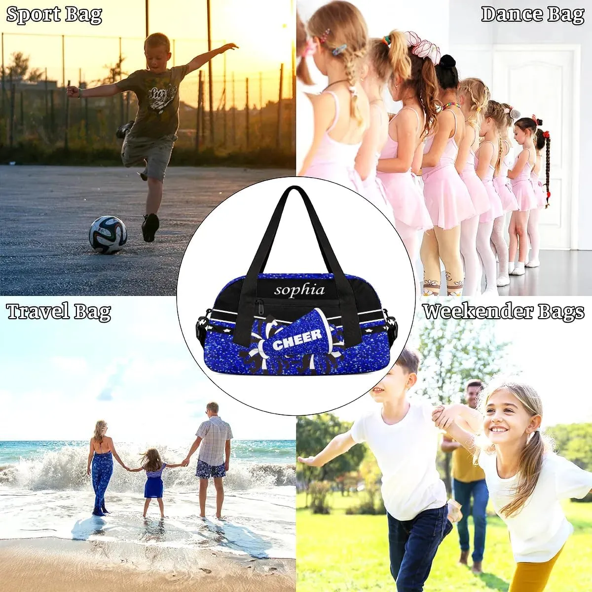 Personalized Cheer Bag with Name Custom Sport Duffel Bag for Girls Cheerleader Bags Overnight Weekender Bags Carry On Travel Bag, Glitter Bright Blue