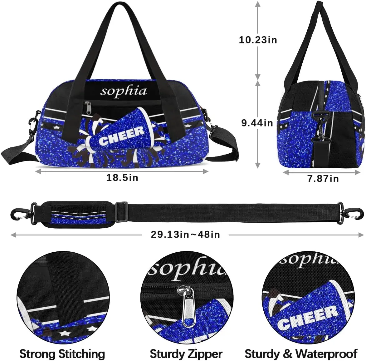 Personalized Cheer Bag with Name Custom Sport Duffel Bag for Girls Cheerleader Bags Overnight Weekender Bags Carry On Travel Bag, Glitter Bright Blue