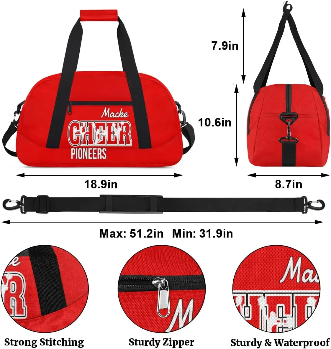Personalized Cheer Duffel Bags, Custom Cheerleader Dance Sport Bags, Customized Cheerleading Travel Bags Weekender Bags with Name, Coral Red A