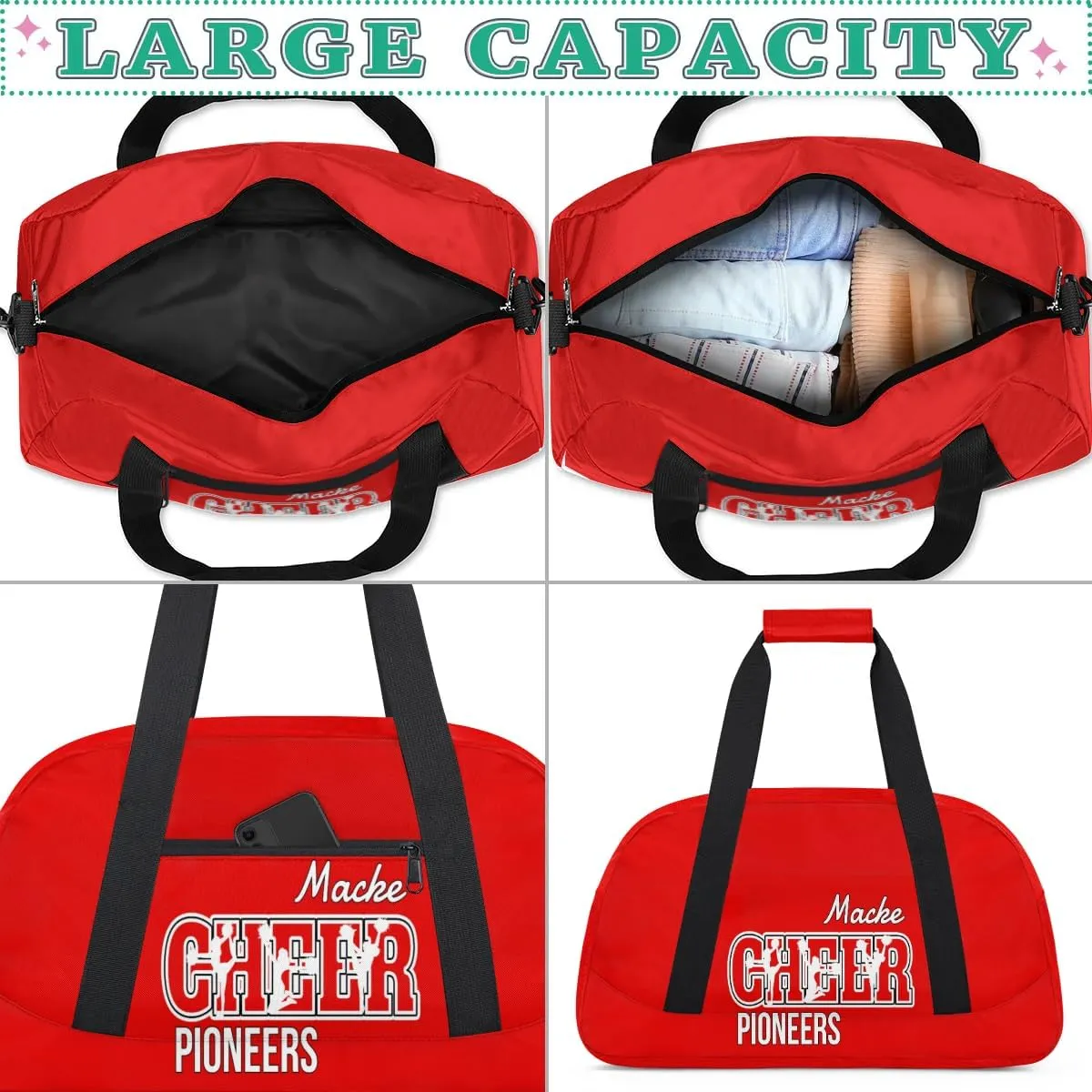 Personalized Cheer Duffel Bags, Custom Cheerleader Dance Sport Bags, Customized Cheerleading Travel Bags Weekender Bags with Name, Coral Red A