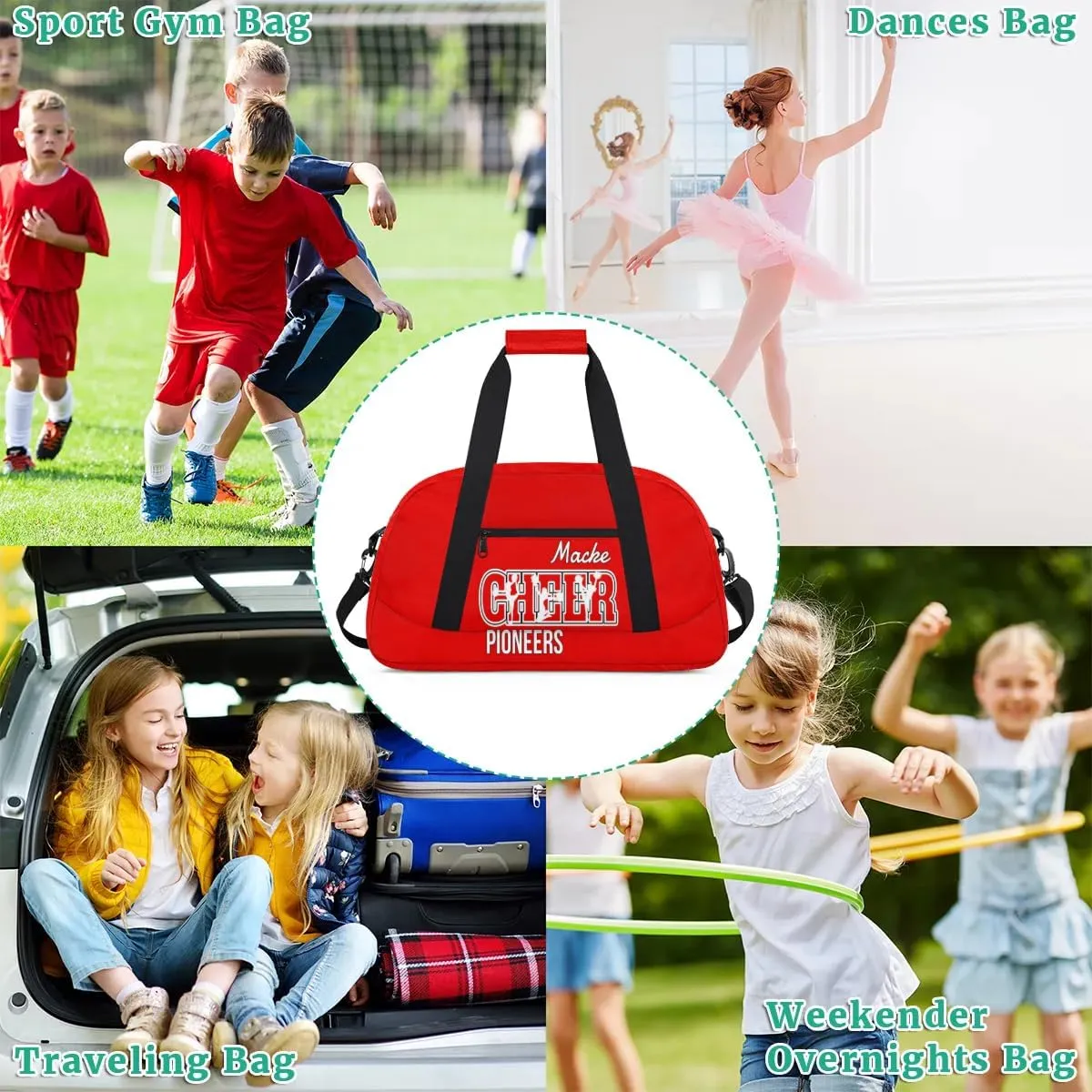 Personalized Cheer Duffel Bags, Custom Cheerleader Dance Sport Bags, Customized Cheerleading Travel Bags Weekender Bags with Name, Coral Red A
