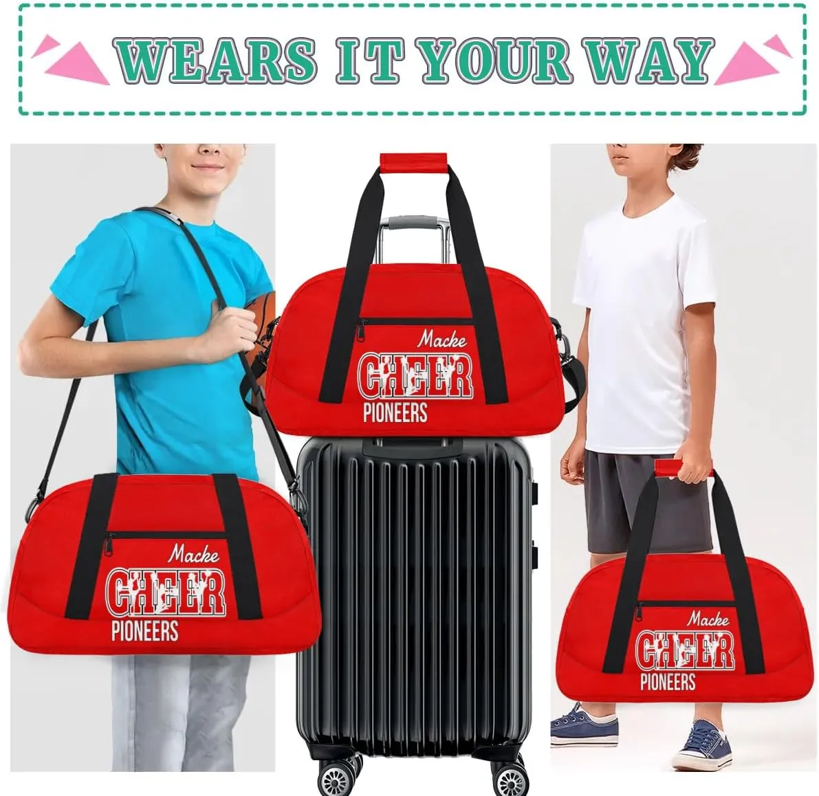 Personalized Cheer Duffel Bags, Custom Cheerleader Dance Sport Bags, Customized Cheerleading Travel Bags Weekender Bags with Name, Coral Red A