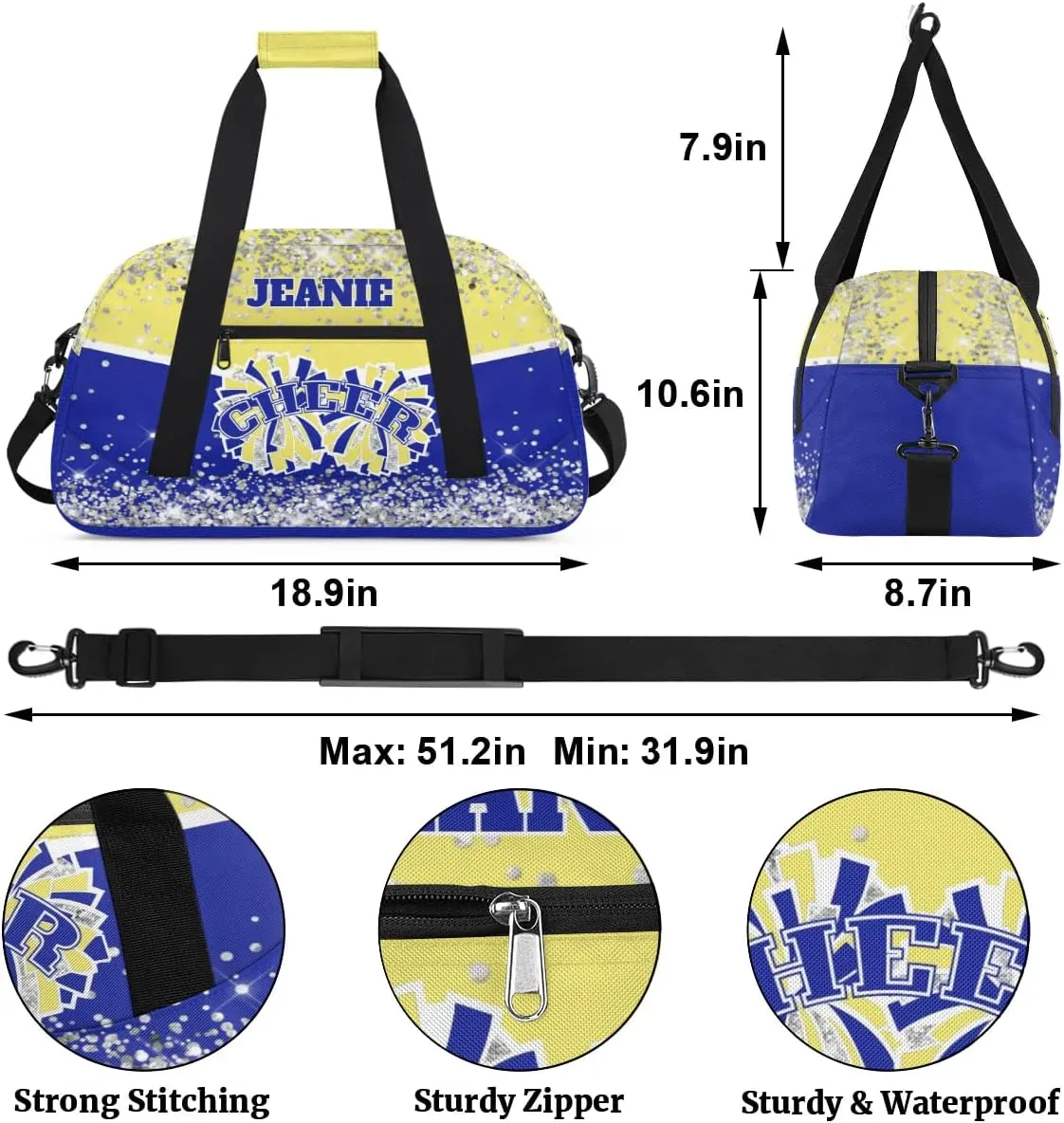 Personalized Cheer Gym Bags for Girls Kids Cheerleaders with Custom Name Sport Dance Perform Training Duffel Bags for Overnight Weekender Travel Yellow Blue