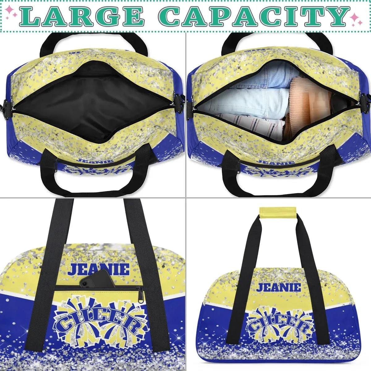 Personalized Cheer Gym Bags for Girls Kids Cheerleaders with Custom Name Sport Dance Perform Training Duffel Bags for Overnight Weekender Travel Yellow Blue