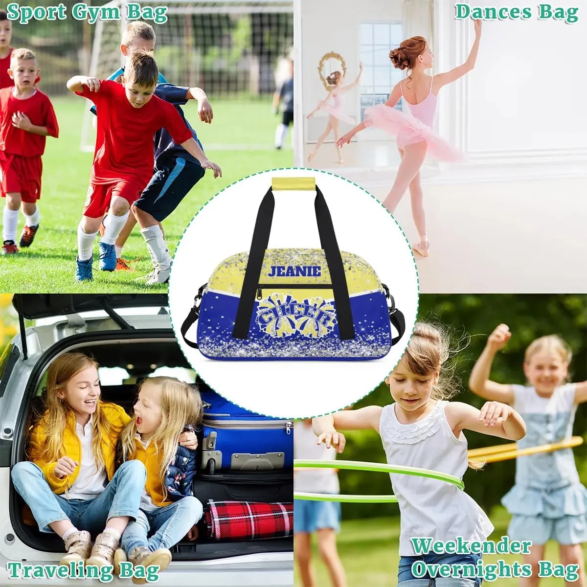 Personalized Cheer Gym Bags for Girls Kids Cheerleaders with Custom Name Sport Dance Perform Training Duffel Bags for Overnight Weekender Travel Yellow Blue