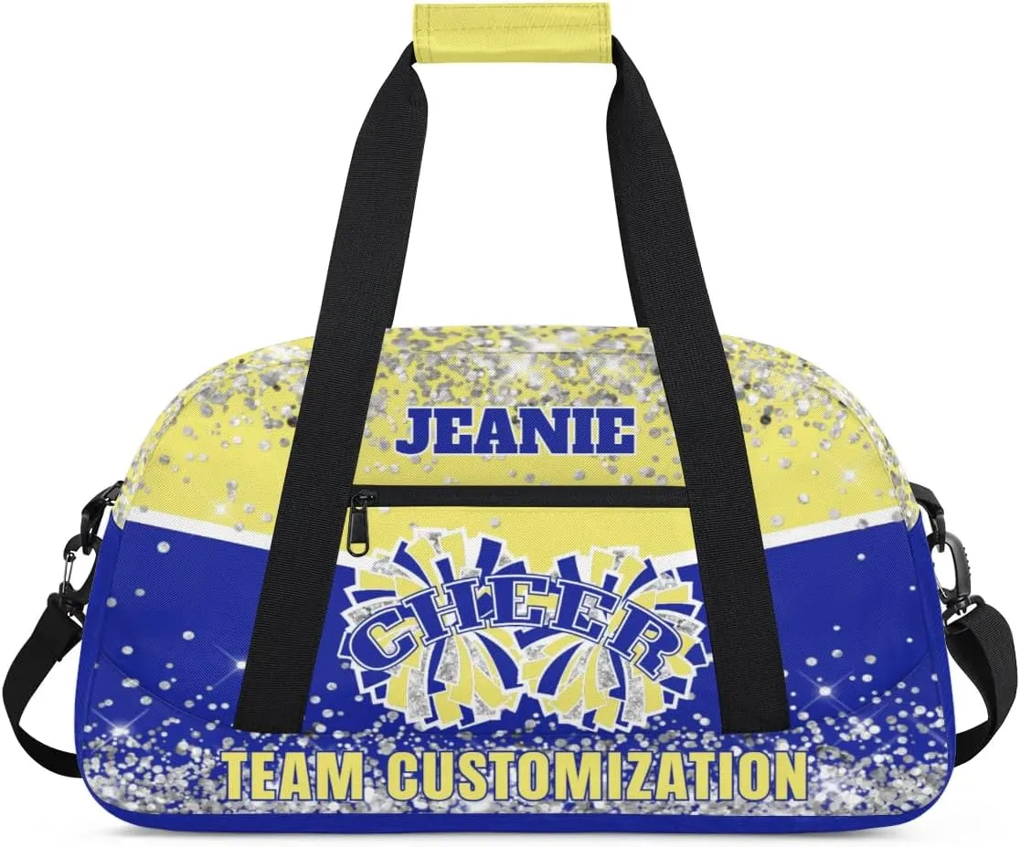 Personalized Cheer Gym Bags for Girls Kids Cheerleaders with Custom Name Sport Dance Perform Training Duffel Bags for Overnight Weekender Travel Yellow Blue