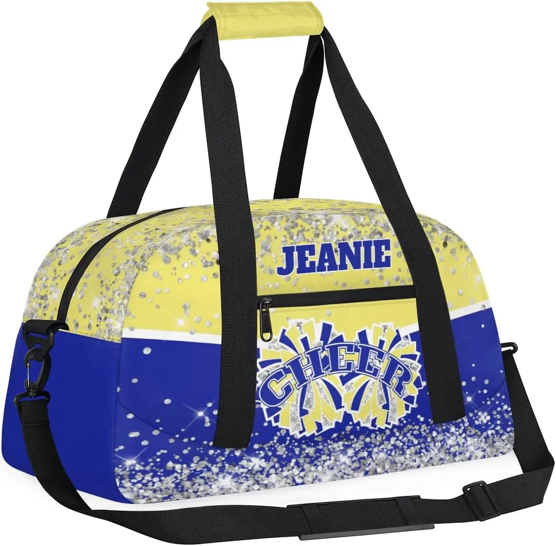 Personalized Cheer Gym Bags for Girls Kids Cheerleaders with Custom Name Sport Dance Perform Training Duffel Bags for Overnight Weekender Travel Yellow Blue