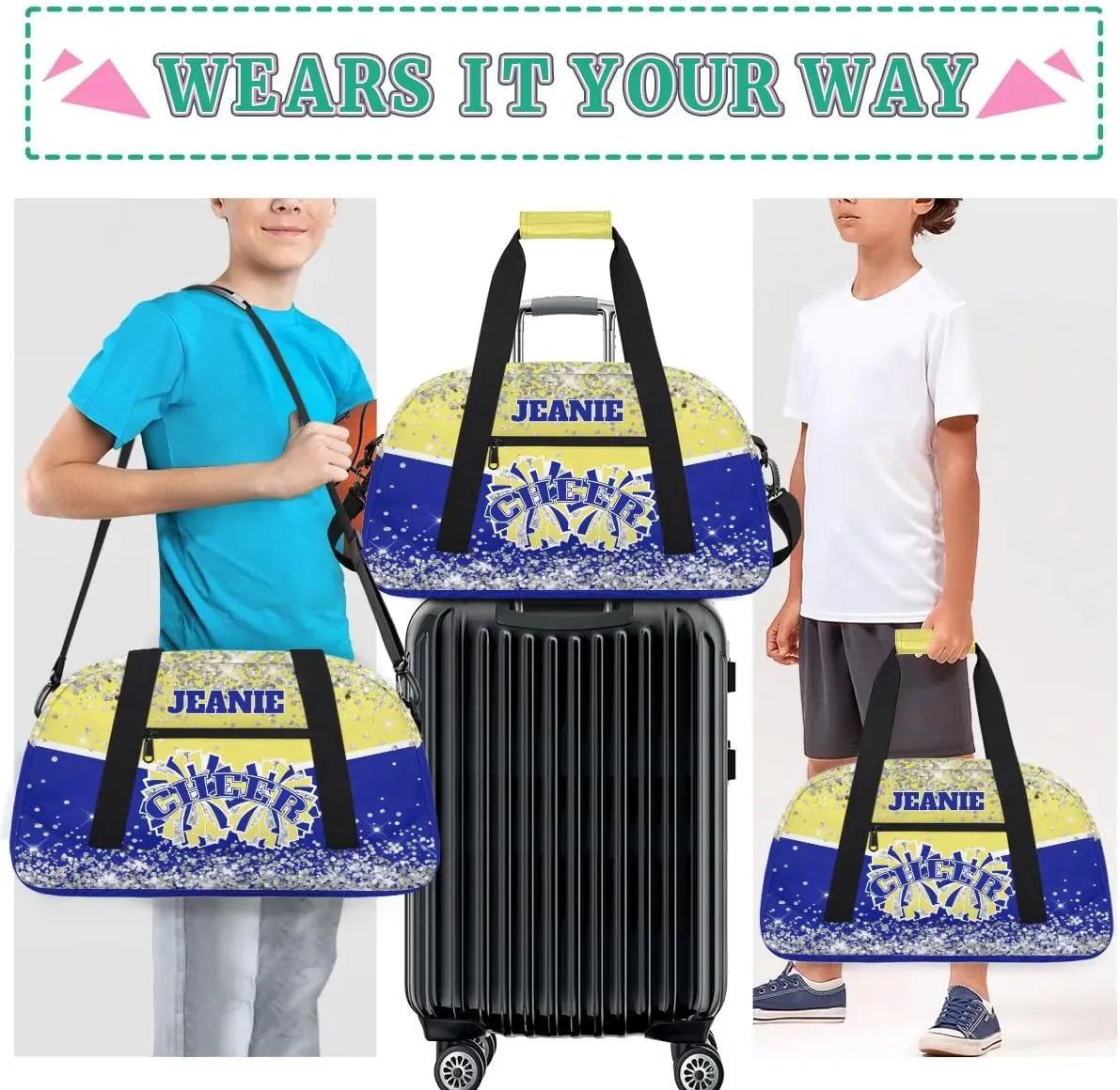 Personalized Cheer Gym Bags for Girls Kids Cheerleaders with Custom Name Sport Dance Perform Training Duffel Bags for Overnight Weekender Travel Yellow Blue