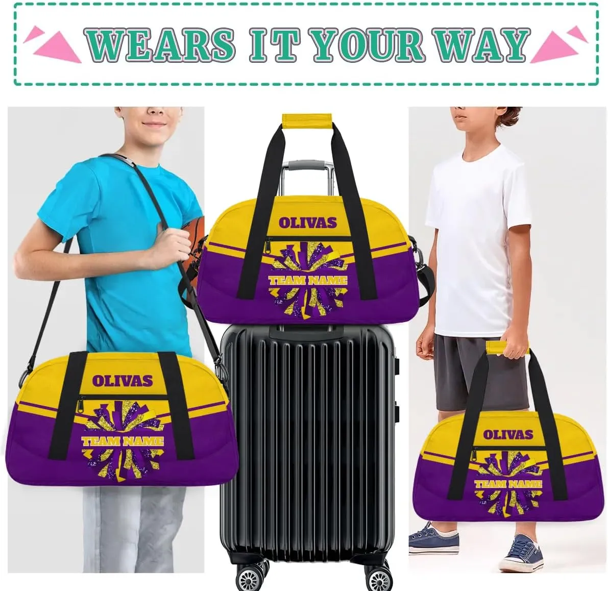 Personalized Cheerleader Bag Dance Bag for Girl, Custom Team Bag Gym Bag Sport Duffel Bag, Weekender Bags Travel Bag for Cheer Team Purple Gold Cheer, Option 13