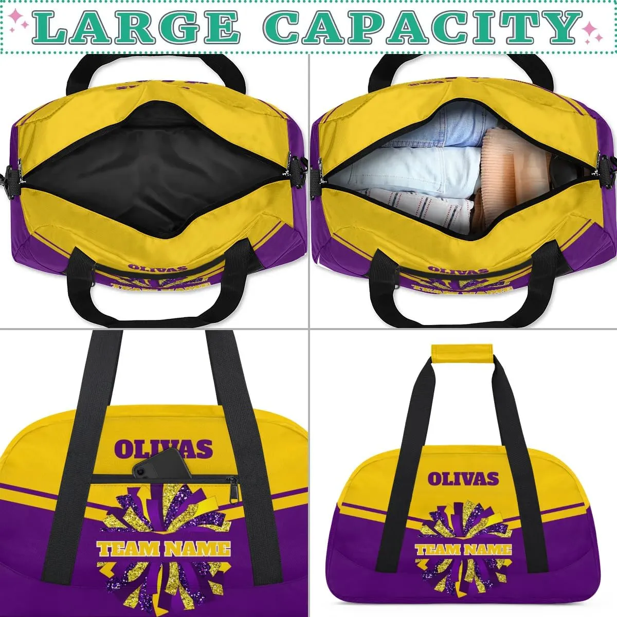 Personalized Cheerleader Bag Dance Bag for Girl, Custom Team Bag Gym Bag Sport Duffel Bag, Weekender Bags Travel Bag for Cheer Team Purple Gold Cheer, Option 13