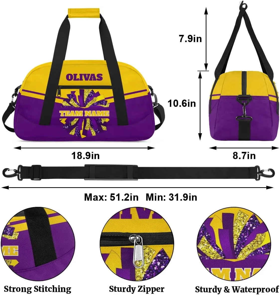 Personalized Cheerleader Bag Dance Bag for Girl, Custom Team Bag Gym Bag Sport Duffel Bag, Weekender Bags Travel Bag for Cheer Team Purple Gold Cheer, Option 13