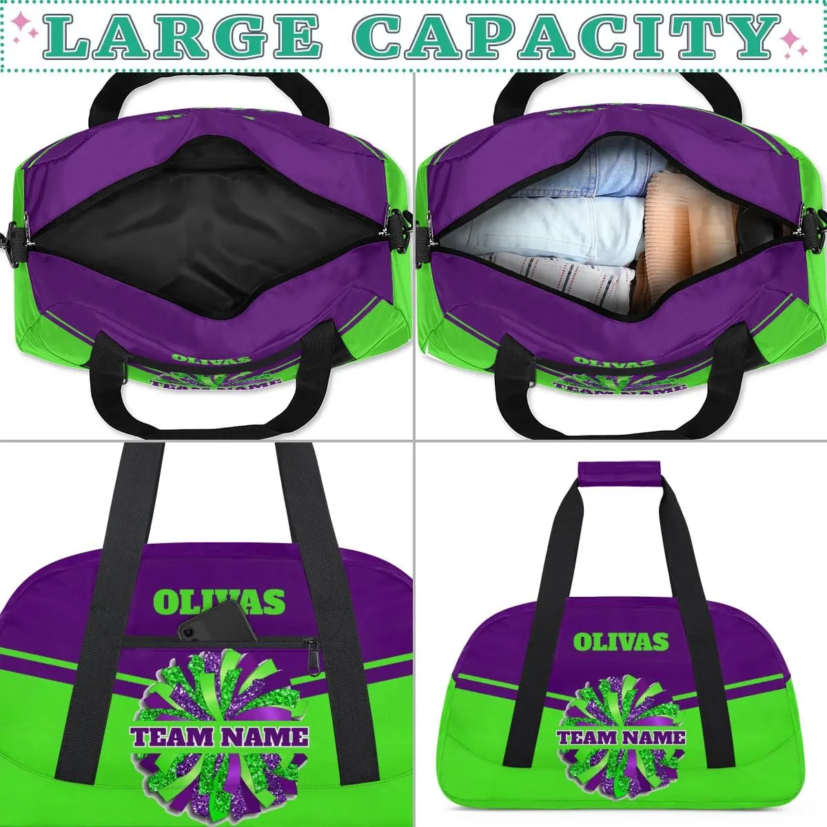 Personalized Cheerleader Bag Dance Bag for Girl, Custom Team Bag Gym Bag Sport Duffel Bag, Weekender Bags Travel Bag for Cheer Team Purple Green Glam