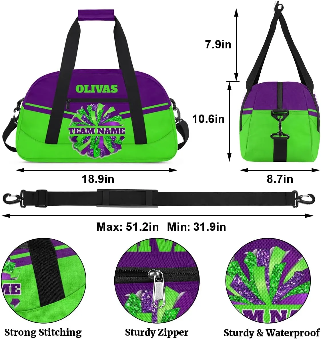 Personalized Cheerleader Bag Dance Bag for Girl, Custom Team Bag Gym Bag Sport Duffel Bag, Weekender Bags Travel Bag for Cheer Team Purple Green Glam
