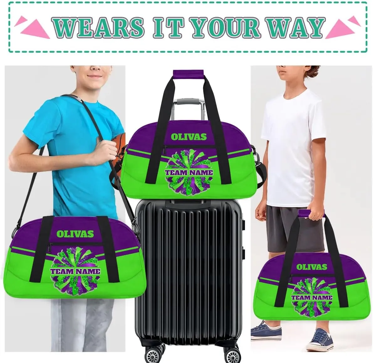 Personalized Cheerleader Bag Dance Bag for Girl, Custom Team Bag Gym Bag Sport Duffel Bag, Weekender Bags Travel Bag for Cheer Team Purple Green Glam