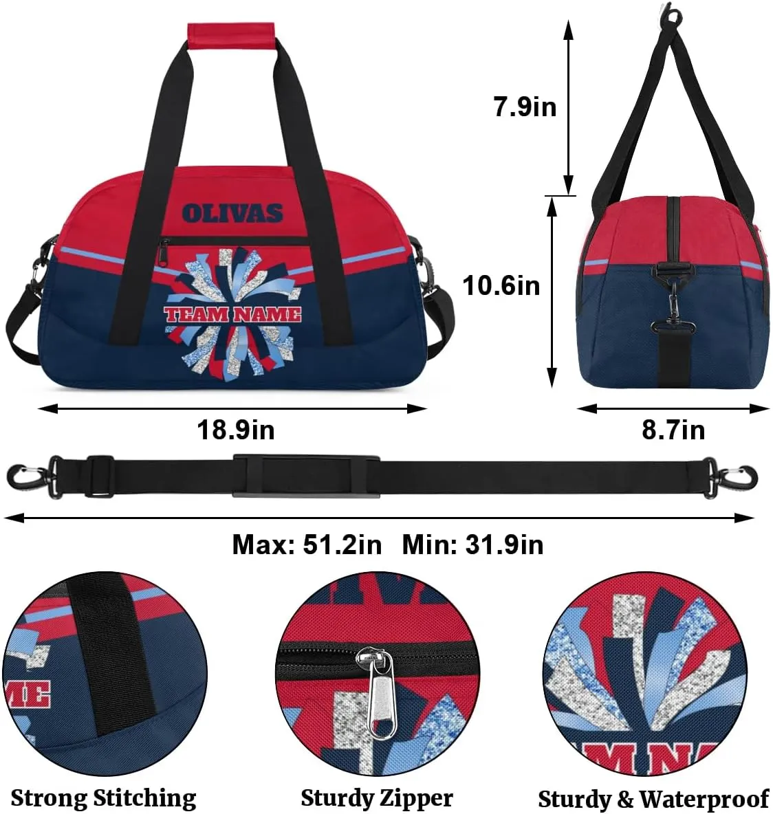 Personalized Cheerleader Bag Dance Bag for Girl, Custom Team Bag Gym Bag Sport Duffel Bag, Weekender Bags Travel Bag for Cheer Team Red Blue Glam