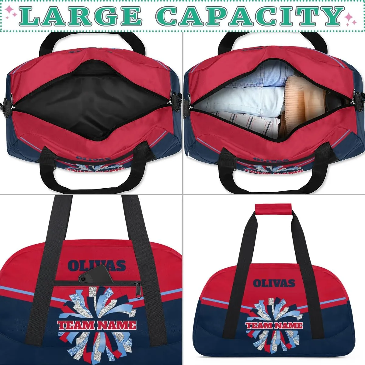 Personalized Cheerleader Bag Dance Bag for Girl, Custom Team Bag Gym Bag Sport Duffel Bag, Weekender Bags Travel Bag for Cheer Team Red Blue Glam