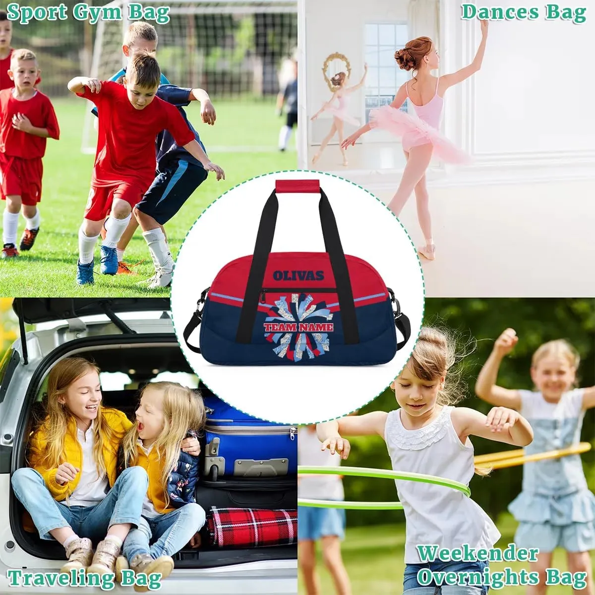 Personalized Cheerleader Bag Dance Bag for Girl, Custom Team Bag Gym Bag Sport Duffel Bag, Weekender Bags Travel Bag for Cheer Team Red Blue Glam