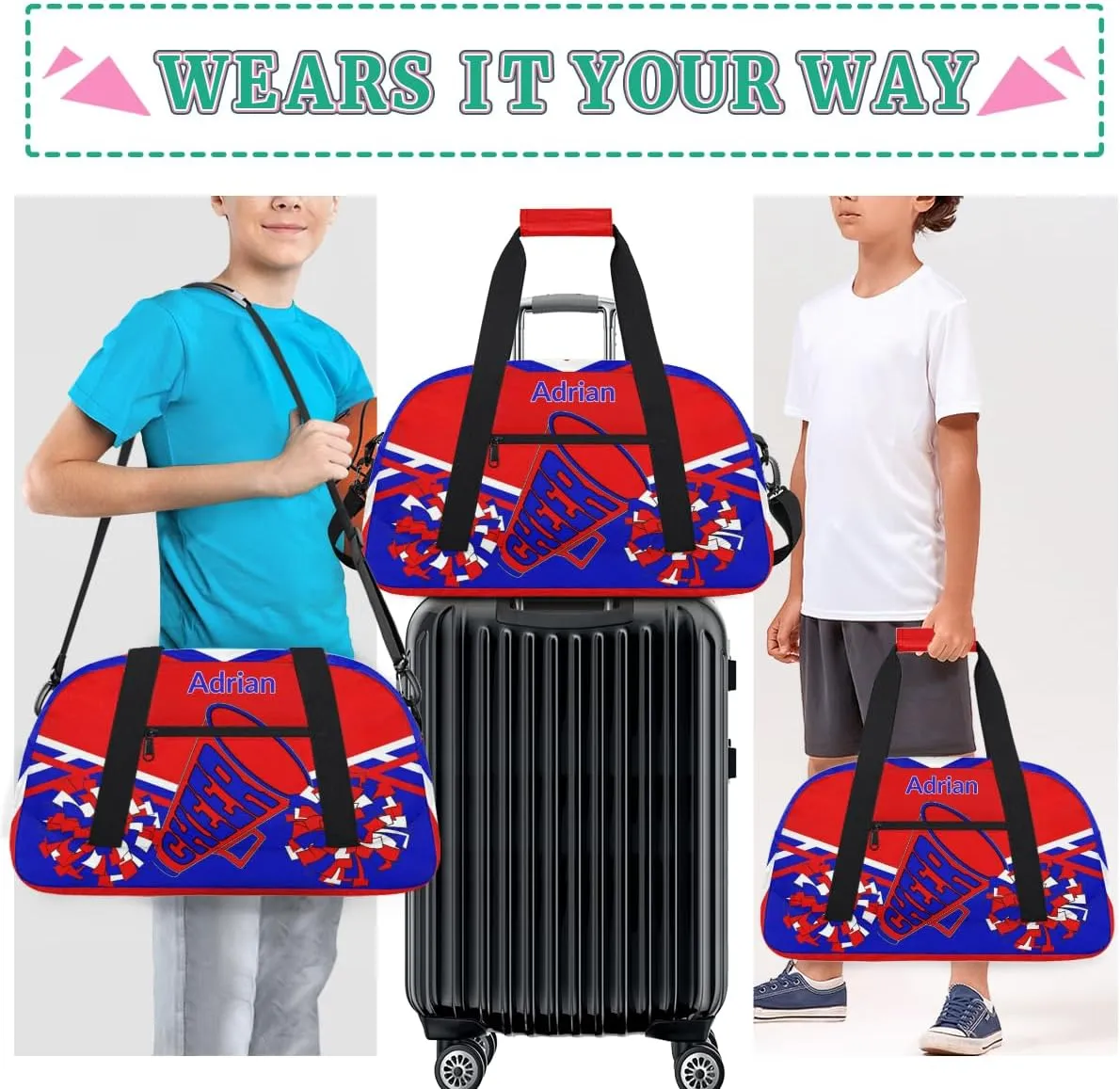 Personalized Cheerleader Bag Girls Teens, Custom Sport Duffel Bag Gym Bag Weekender Bags Travel Duffel Bag for Boy & Girl Blue Red