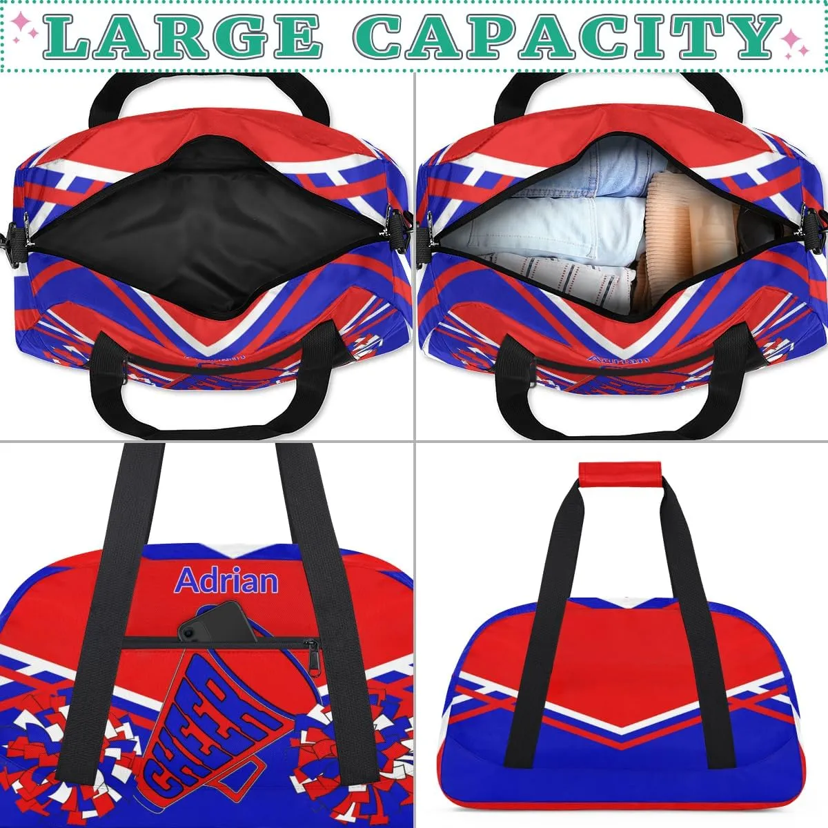 Personalized Cheerleader Bag Girls Teens, Custom Sport Duffel Bag Gym Bag Weekender Bags Travel Duffel Bag for Boy & Girl Blue Red