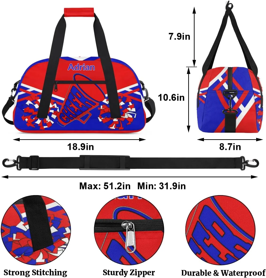 Personalized Cheerleader Bag Girls Teens, Custom Sport Duffel Bag Gym Bag Weekender Bags Travel Duffel Bag for Boy & Girl Blue Red