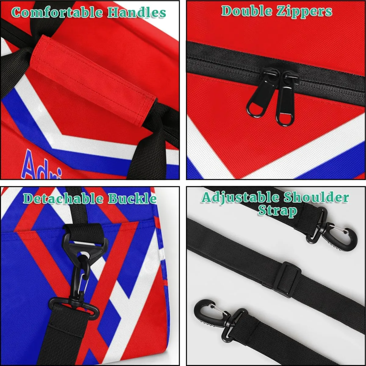 Personalized Cheerleader Bag Girls Teens, Custom Sport Duffel Bag Gym Bag Weekender Bags Travel Duffel Bag for Boy & Girl Blue Red