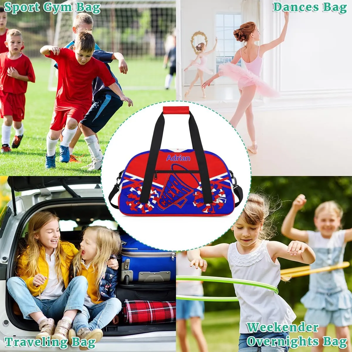 Personalized Cheerleader Bag Girls Teens, Custom Sport Duffel Bag Gym Bag Weekender Bags Travel Duffel Bag for Boy & Girl Blue Red