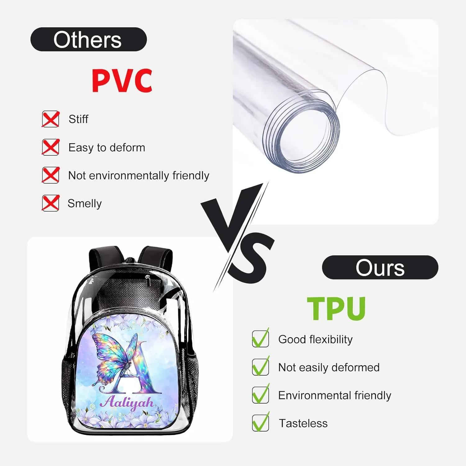 Personalized Clear Backpack for School Stadium Events Team Gifts for Women Men, Butterfly Transparent Backpack Monogram Heavy Duty With Buckle for Kids for College Workplace Stadium