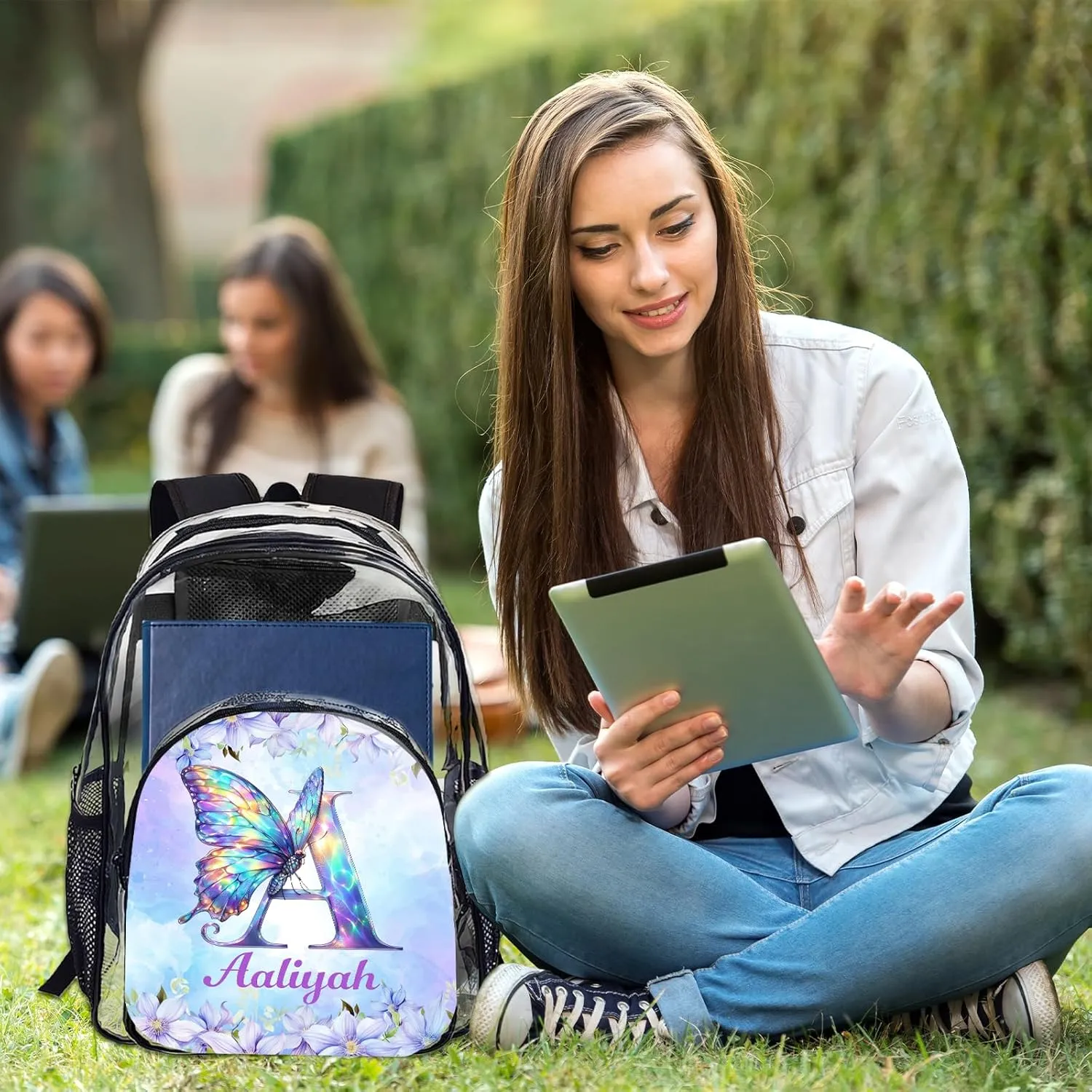 Personalized Clear Backpack for School Stadium Events Team Gifts for Women Men, Butterfly Transparent Backpack Monogram Heavy Duty With Buckle for Kids for College Workplace Stadium