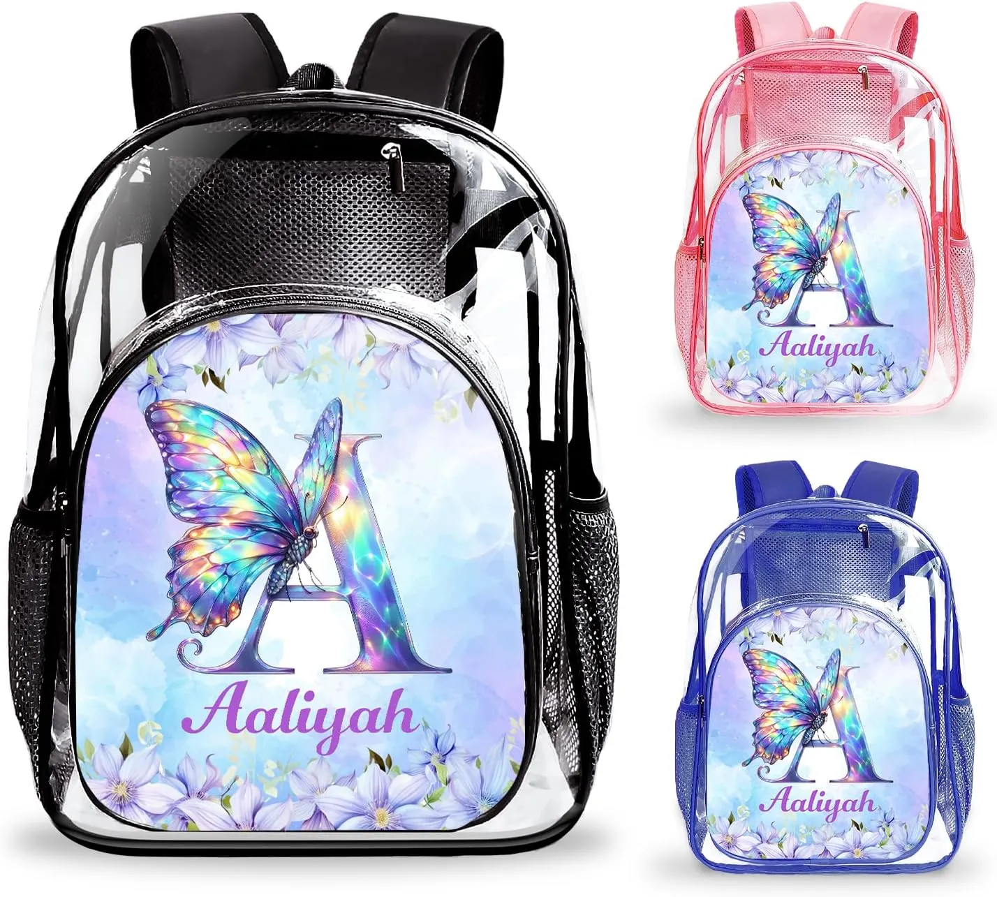 Personalized Clear Backpack for School Stadium Events Team Gifts for Women Men, Butterfly Transparent Backpack Monogram Heavy Duty With Buckle for Kids for College Workplace Stadium