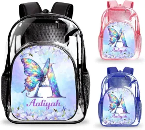 Personalized Clear Backpack for School Stadium Events Team Gifts for Women Men, Butterfly Transparent Backpack Monogram Heavy Duty With Buckle for Kids for College Workplace Stadium