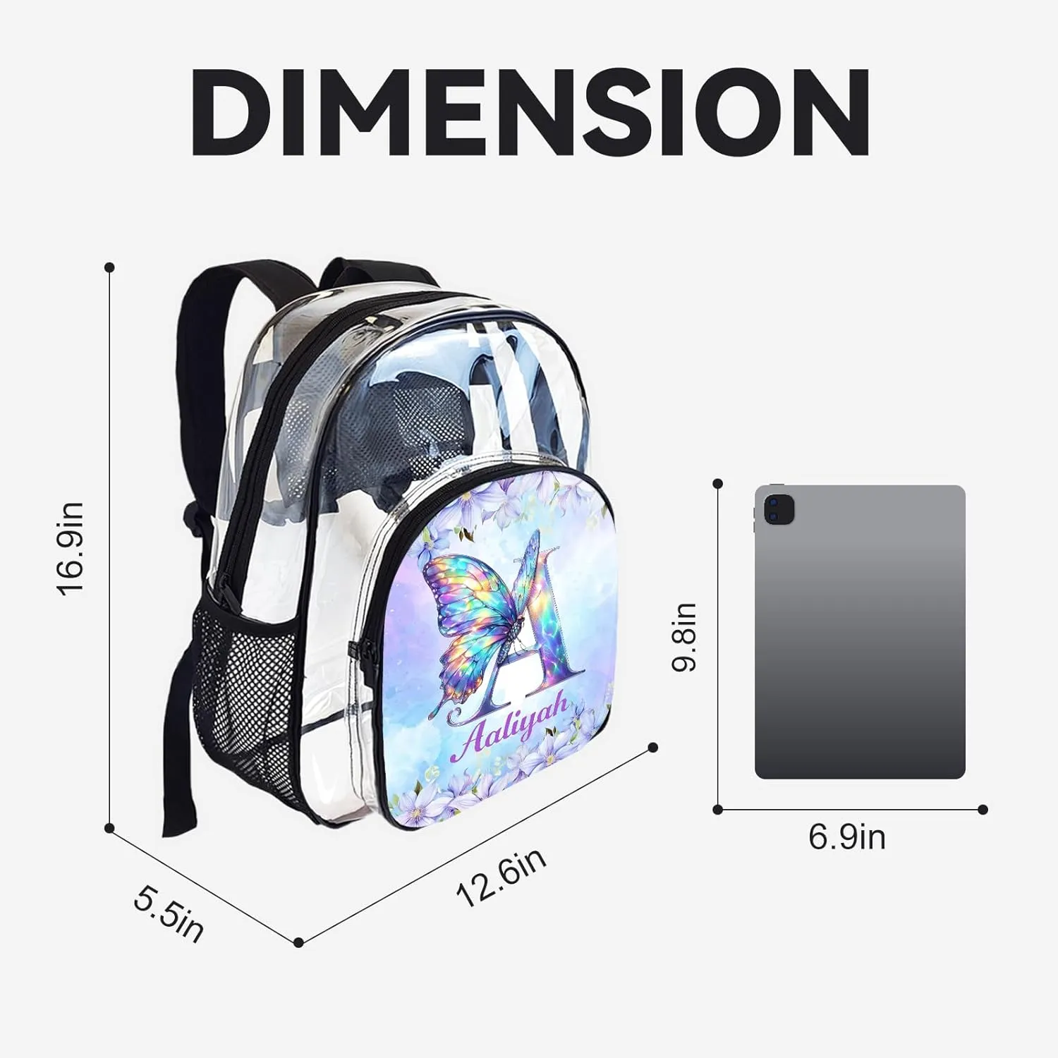 Personalized Clear Backpack for School Stadium Events Team Gifts for Women Men, Butterfly Transparent Backpack Monogram Heavy Duty With Buckle for Kids for College Workplace Stadium