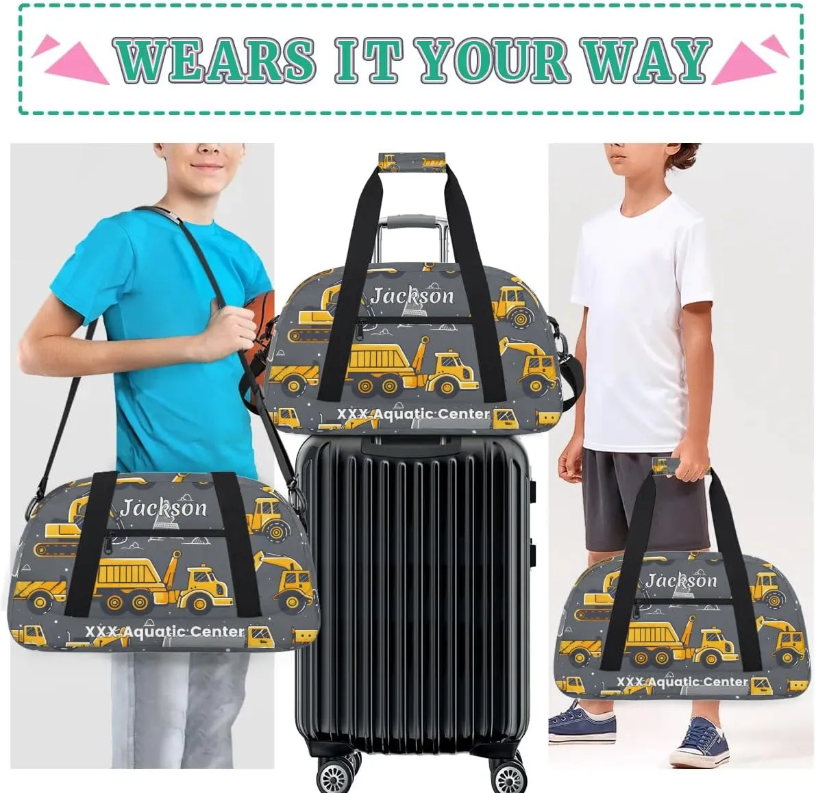 Personalized Cool Car Gym Duffel Bags for Kids Boys with Custom Name Sport Training Travel Bags for Overnight Weekender - Grey