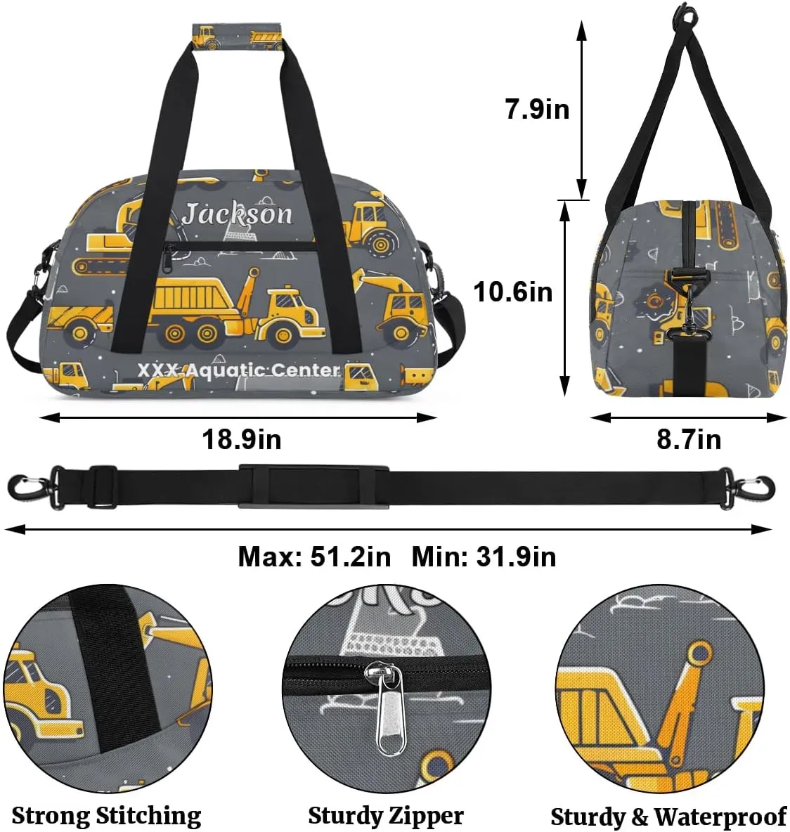 Personalized Cool Car Gym Duffel Bags for Kids Boys with Custom Name Sport Training Travel Bags for Overnight Weekender - Grey