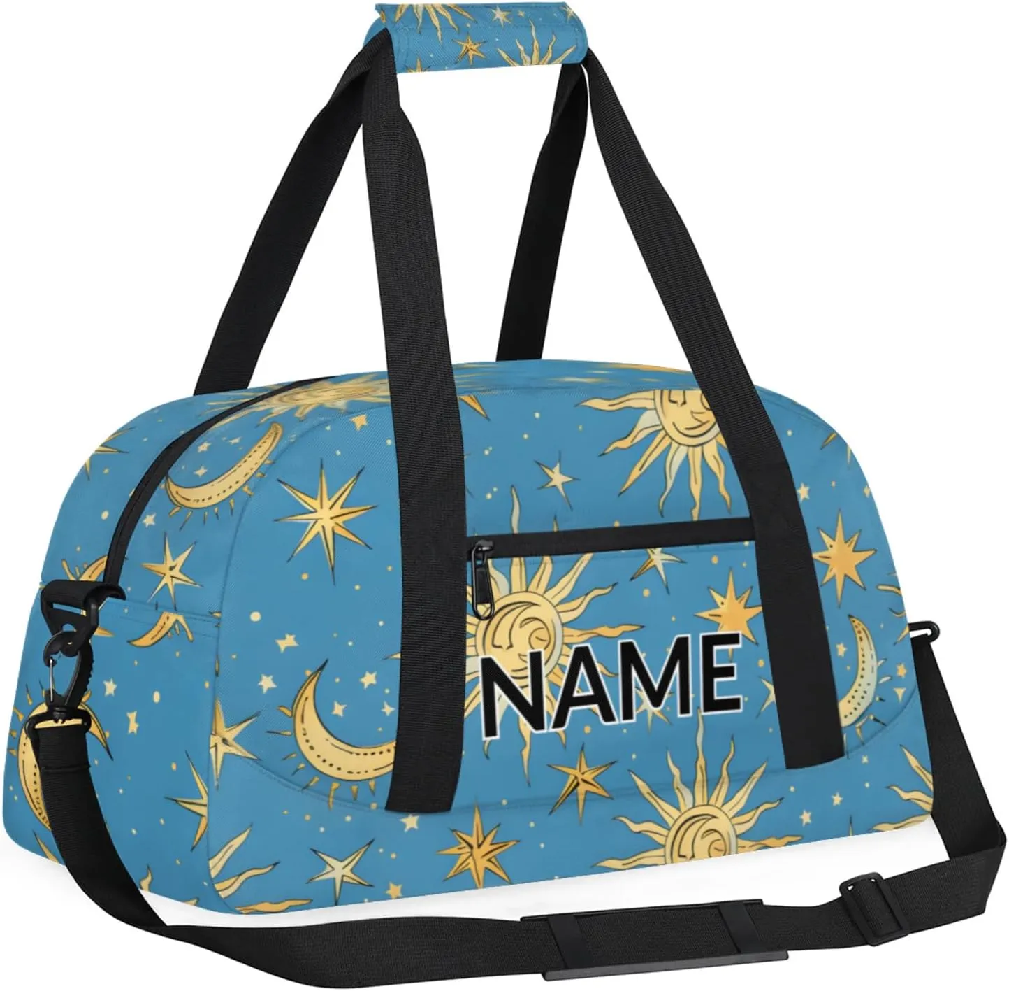 Personalized Custom Bohemian Moon Gym Bag for Women Men Carry on Travel Duffel Tote Stars Blue Golden Overnight Workout Weekender Bag