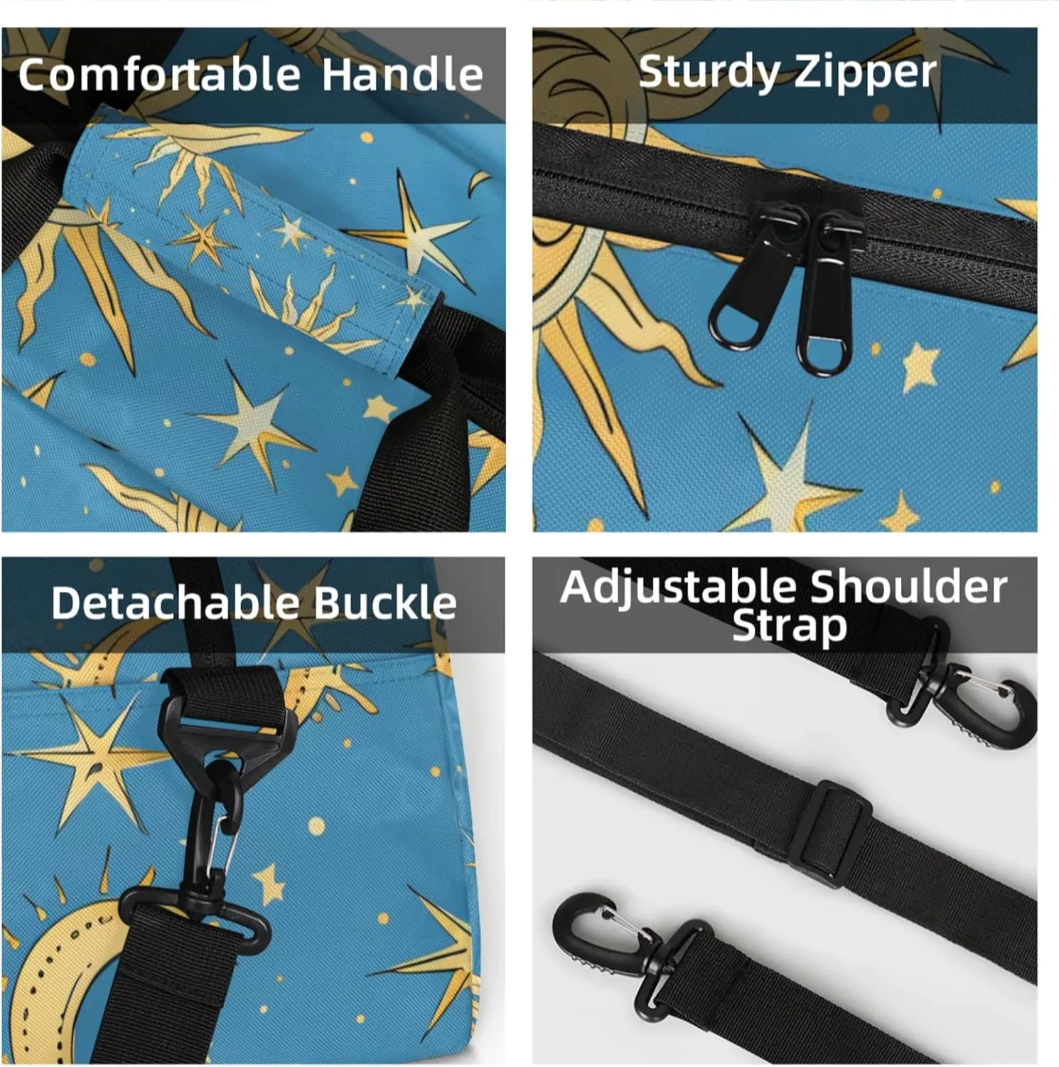 Personalized Custom Bohemian Moon Gym Bag for Women Men Carry on Travel Duffel Tote Stars Blue Golden Overnight Workout Weekender Bag