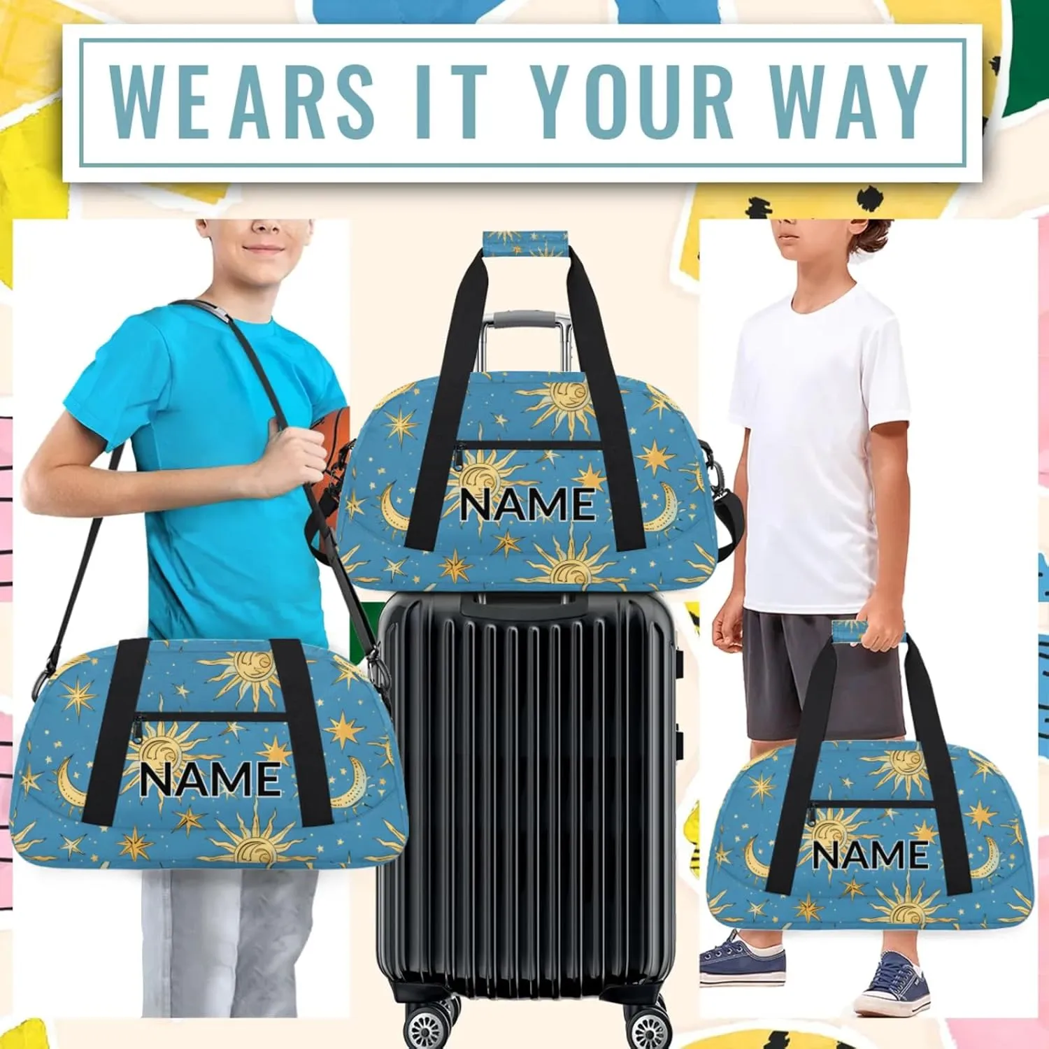 Personalized Custom Bohemian Moon Gym Bag for Women Men Carry on Travel Duffel Tote Stars Blue Golden Overnight Workout Weekender Bag