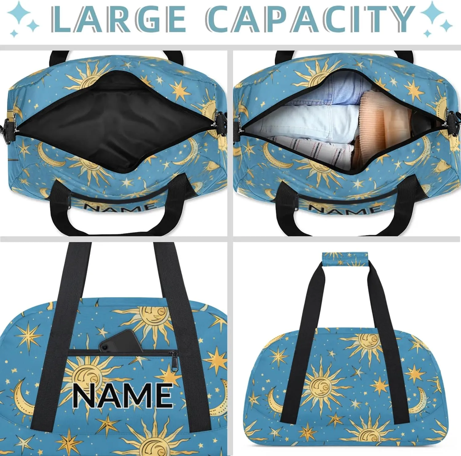 Personalized Custom Bohemian Moon Gym Bag for Women Men Carry on Travel Duffel Tote Stars Blue Golden Overnight Workout Weekender Bag