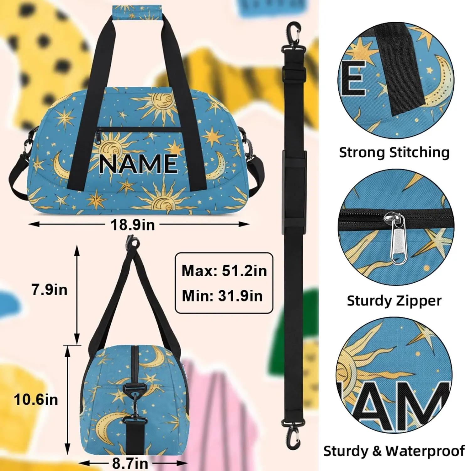 Personalized Custom Bohemian Moon Gym Bag for Women Men Carry on Travel Duffel Tote Stars Blue Golden Overnight Workout Weekender Bag
