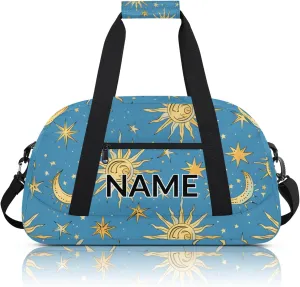 Personalized Custom Bohemian Moon Gym Bag for Women Men Carry on Travel Duffel Tote Stars Blue Golden Overnight Workout Weekender Bag