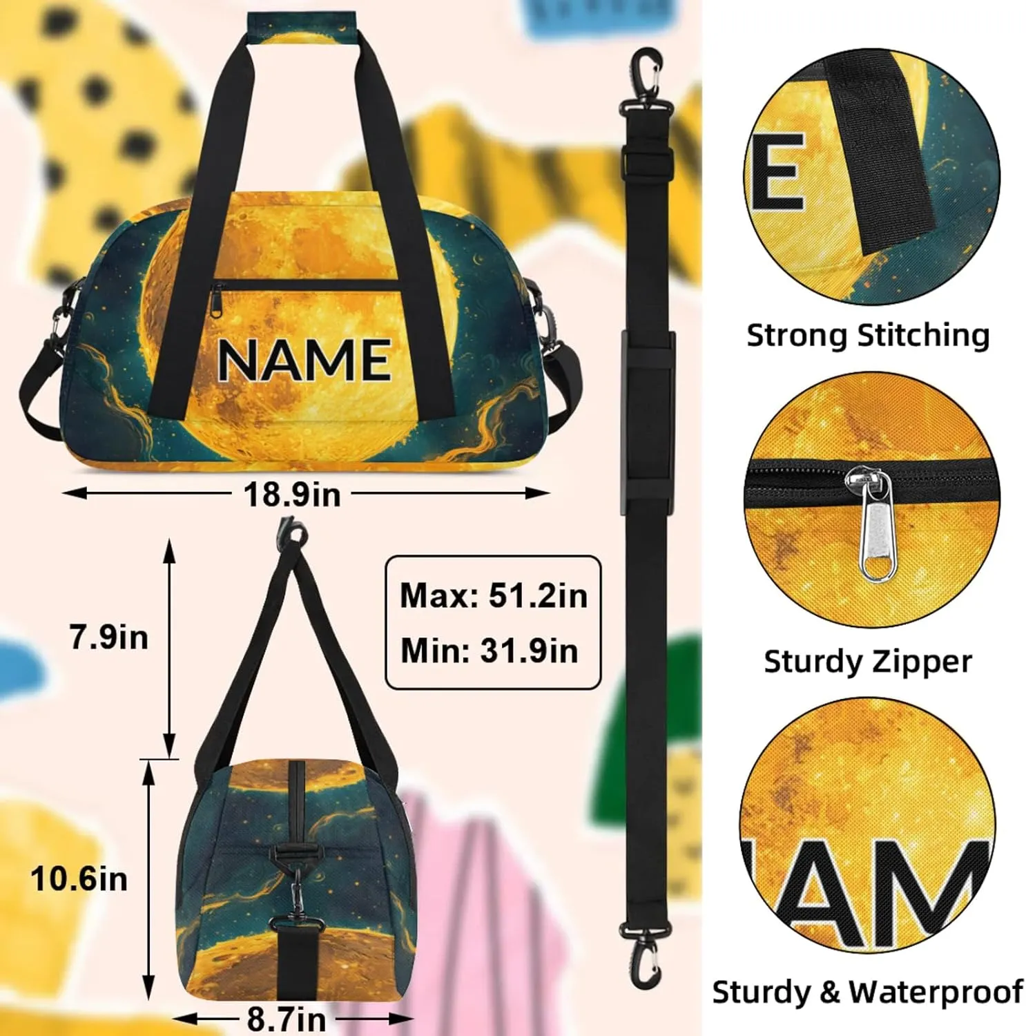 Personalized Custom Full Moon Gym Bag for Women Men Carry on Travel Duffel Tote Night Scenery Overnight Workout Weekender Bag