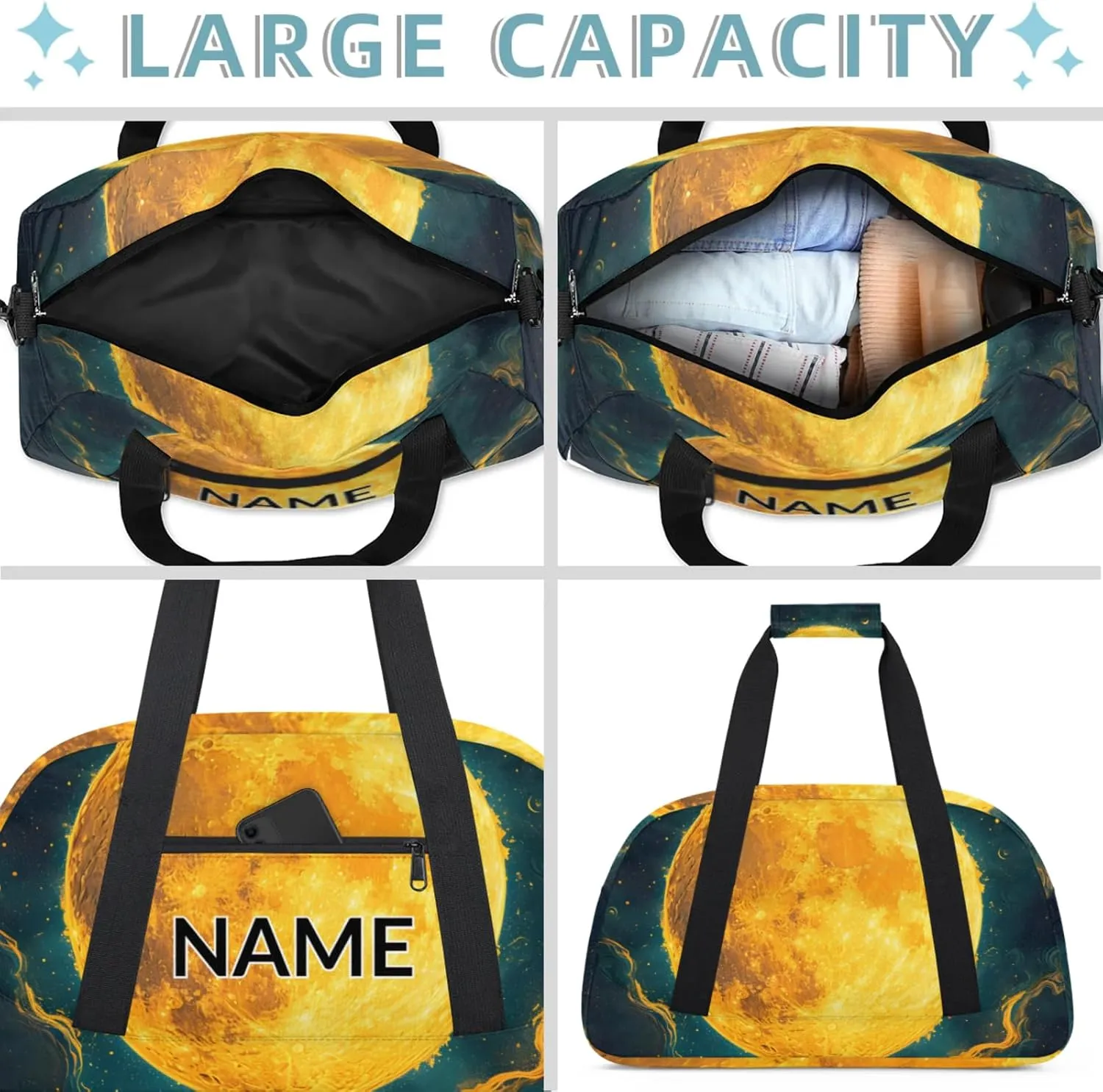 Personalized Custom Full Moon Gym Bag for Women Men Carry on Travel Duffel Tote Night Scenery Overnight Workout Weekender Bag