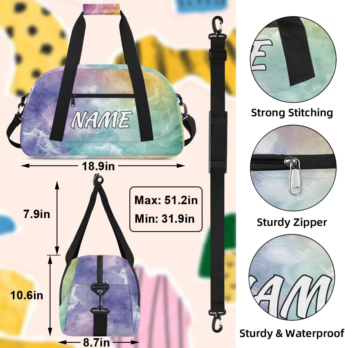 Personalized Custom Gym Bag for Women Men Carry on Abstract Marble Travel Duffel Tote Colorful Fluid Overnight Workout Weekender Bag