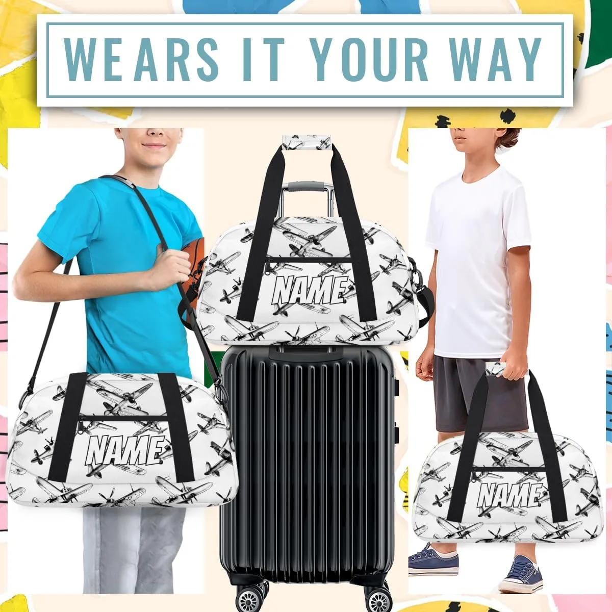 Personalized Custom Gym Bag for Women Men Carry on Airplane Retro Travel Duffel Tote Black Vintage Overnight Workout Weekender Bag