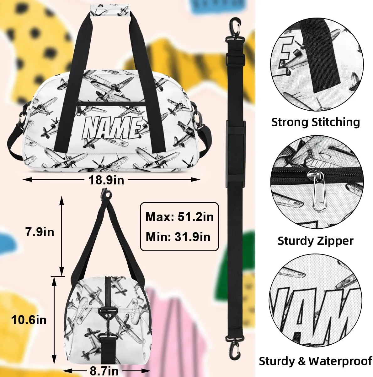 Personalized Custom Gym Bag for Women Men Carry on Airplane Retro Travel Duffel Tote Black Vintage Overnight Workout Weekender Bag