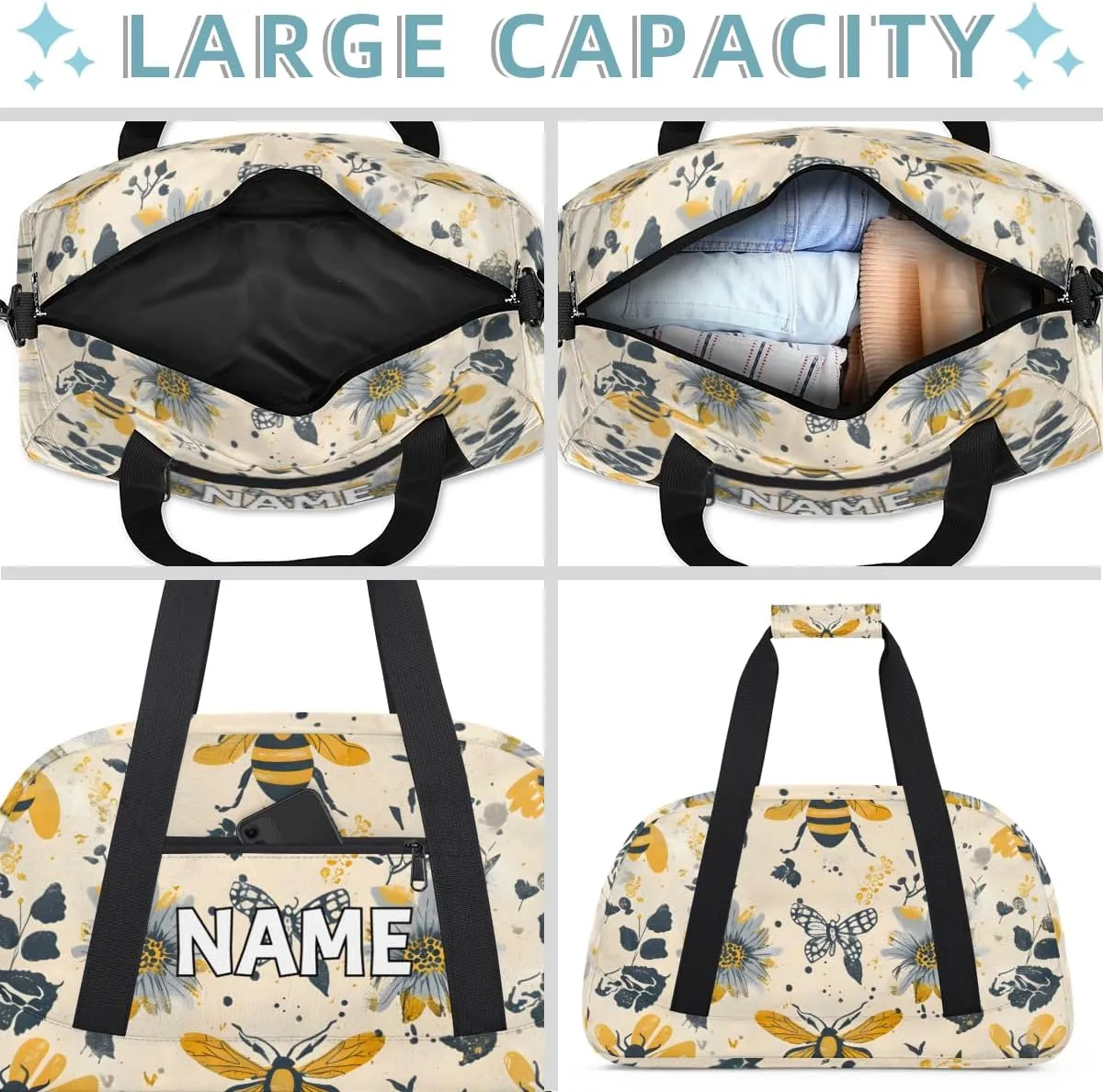 Personalized Custom Gym Bag for Women Men Carry on Animal Bees Travel Duffel Tote Sunflowers Floral Overnight Workout Weekender Bag