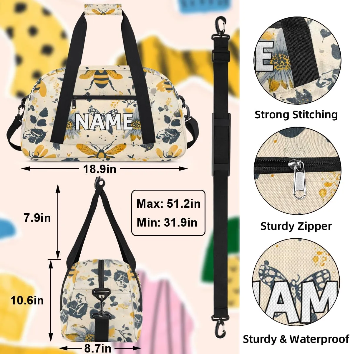 Personalized Custom Gym Bag for Women Men Carry on Animal Bees Travel Duffel Tote Sunflowers Floral Overnight Workout Weekender Bag