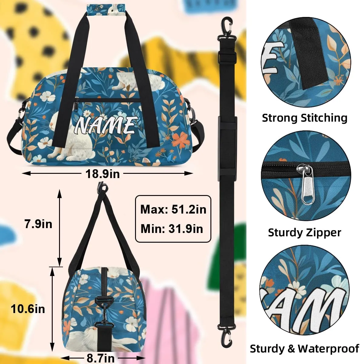 Personalized Custom Gym Bag for Women Men Carry on Animals Rabbits Travel Duffel Tote Spring Floral Overnight Workout Weekender Bag