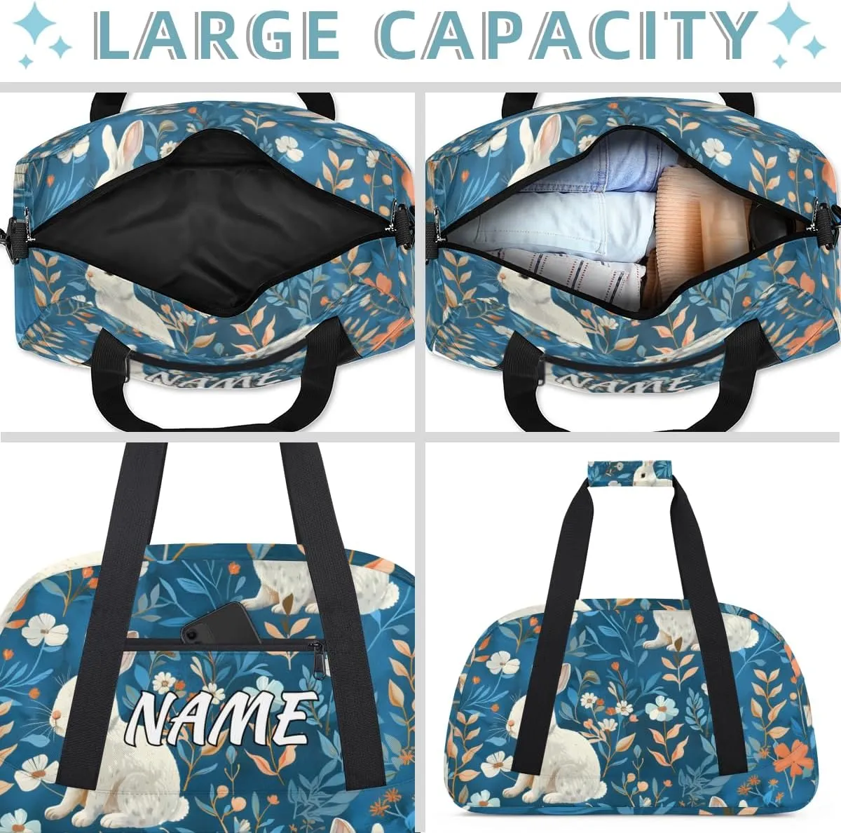 Personalized Custom Gym Bag for Women Men Carry on Animals Rabbits Travel Duffel Tote Spring Floral Overnight Workout Weekender Bag