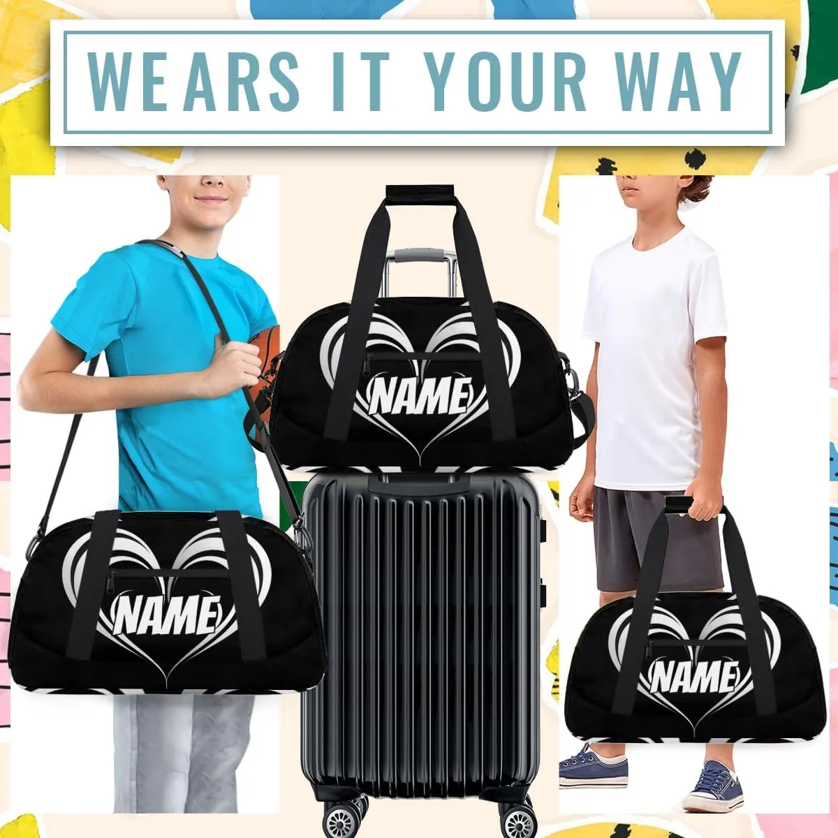 Personalized Custom Gym Bag for Women Men Carry on Black White Heart Travel Duffel Tote Abstract Overnight Workout Weekender Bag