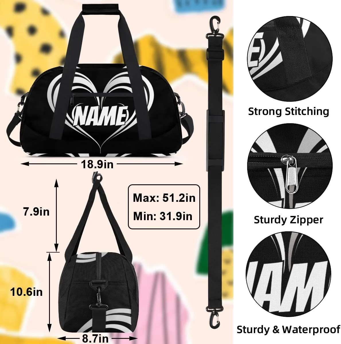 Personalized Custom Gym Bag for Women Men Carry on Black White Heart Travel Duffel Tote Abstract Overnight Workout Weekender Bag